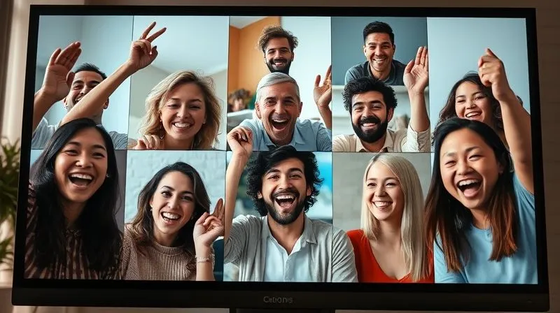 A photorealistic image of a diverse remote team cheering and collaborating enthusiastically on a video call, each person smiling and engaged from their unique digital nomad location. The screen shows a positive, vibrant team interaction, symbolizing successful collaboration and conflict resolution. Cinematic lighting, sharp focus on the faces, depth of field. 8K, professional photography, shot on a high-end DSLR.