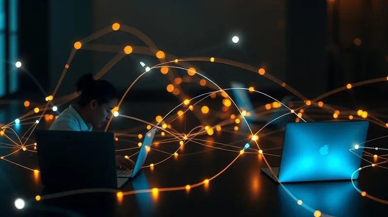 A photorealistic image of a continuous feedback loop visualized as a flowing, interconnected circuit of glowing lines between diverse digital nomads on their laptops, symbolizing open and constructive communication. The lines converge and diverge smoothly, indicating constant exchange and adaptation. Cinematic lighting, sharp focus, depth of field. 8K, professional photography, shot on a high-end DSLR.