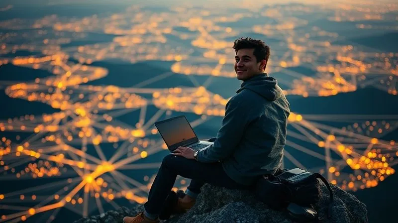 A photorealistic image of a single digital nomad, serene and confident, sitting at a laptop on a mountain peak overlooking a vast, interconnected global network of glowing lines. The nomad has a peaceful expression, symbolizing mastery over remote communication and conflict resolution. The scene is bathed in a warm, cinematic sunrise light, conveying hope and achievement. 8K, professional photography, sharp focus on the nomad, depth of field blurring the distant network, shot on a high-end DSLR.