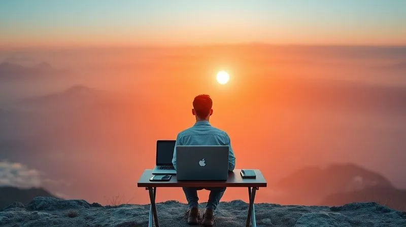A photorealistic image of a digital nomad sitting calmly and focused at a small, portable desk setup with a laptop, overlooking a vast, dynamic landscape like a mountain range at sunrise. The nomad is centered and sharp, while the background is slightly blurred but still breathtaking, symbolizing focus amidst constant change. Cinematic lighting, 8K hyper-detailed, professional photography, depth of field, shot on a high-end DSLR.