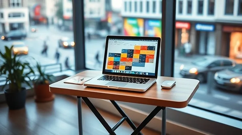A photorealistic image of a digital nomad's organized workspace on a portable folding table, set up in a beautiful, minimalist co-working space with large windows overlooking a vibrant city street. The laptop screen shows a calendar with color-coded time blocks. Professional photography, sharp focus on the workspace, soft bokeh background, 8K, cinematic lighting, depth of field, shot on a high-end DSLR.