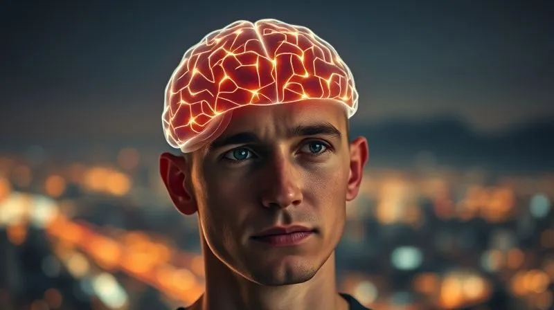 Photorealistic, professional photography, 8K, cinematic lighting, sharp focus, depth of field, shot on a high-end DSLR. A person's head with subtle, glowing neural pathways representing an overstimulated brain, surrounded by blurred city lights and distant mountains, conveying a sense of cognitive overload amidst a new environment. The person's expression is thoughtful, slightly overwhelmed but seeking clarity.