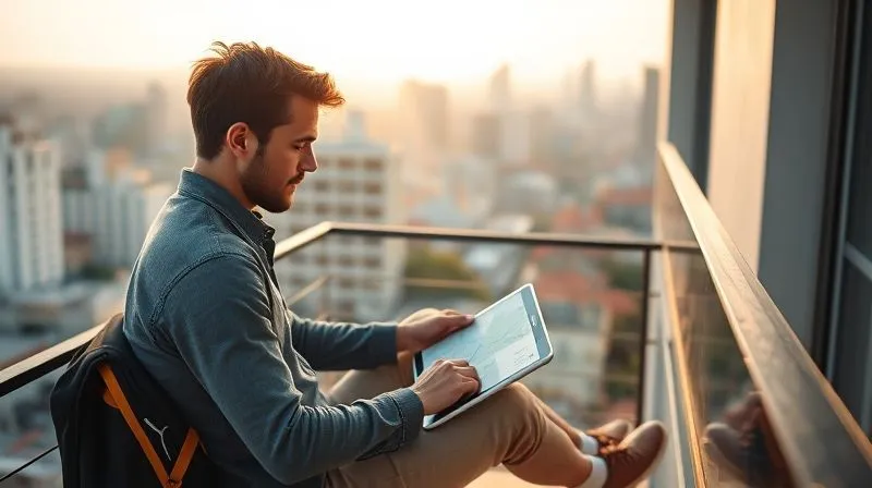 Photorealistic, professional photography, 8K, cinematic lighting, sharp focus, depth of field, shot on a high-end DSLR. A digital nomad sitting calmly on a balcony overlooking a vibrant, sunny city, meticulously planning on a tablet. The scene conveys a sense of organized preparation, with notes and maps, and a serene expression of anticipation and control. Soft morning light illuminates the scene.