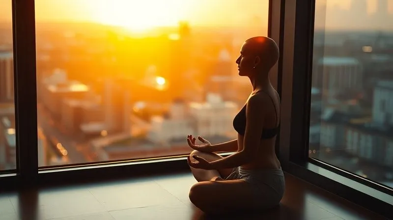 Photorealistic, professional photography, 8K, cinematic lighting, sharp focus, depth of field, shot on a high-end DSLR. A digital nomad in a serene pose, meditating by a window overlooking a vibrant but blurred cityscape at dawn. The light is soft and warm, highlighting a sense of inner calm and mental clarity amidst the dynamic external world. A subtle, ethereal glow emanates from their head, symbolizing sharpened focus.