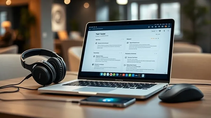 Photorealistic, professional photography, 8K, cinematic lighting, sharp focus, depth of field, shot on a high-end DSLR. A sleek, modern laptop screen displaying a minimalist task management app with clear, organized tasks. Surrounding it are high-end noise-canceling headphones, a portable ergonomic mouse, and a smartphone with a focus-blocking app icon visible. The background is a subtly blurred, contemporary workspace in a coworking space, emphasizing technology as an aid to focus.