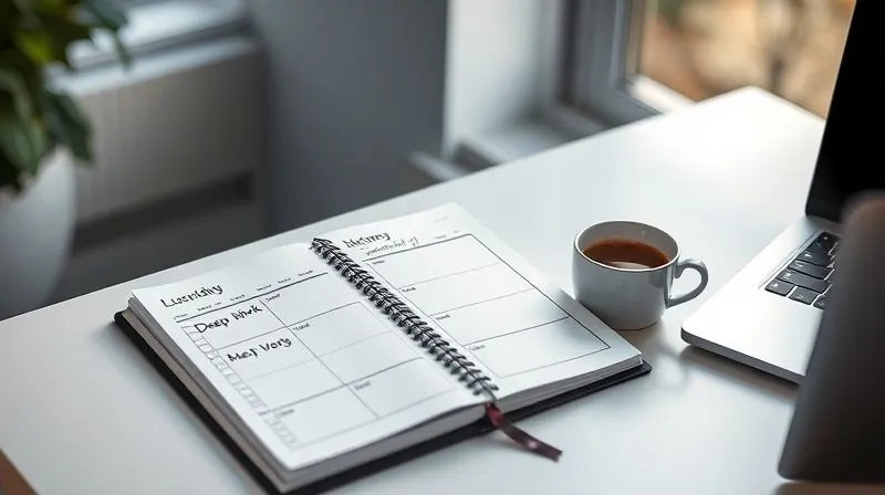 A photorealistic image of a minimalist daily schedule planner, open on a sleek desk, with handwritten notes highlighting 'Deep Work' blocks during morning hours, next to a steaming cup of coffee and a laptop. Soft, natural light streams in from a window, creating a serene and productive atmosphere. Cinematic lighting, sharp focus on the planner, depth of field blurring the background, 8K hyper-detailed, professional photography, shot on a high-end DSLR.