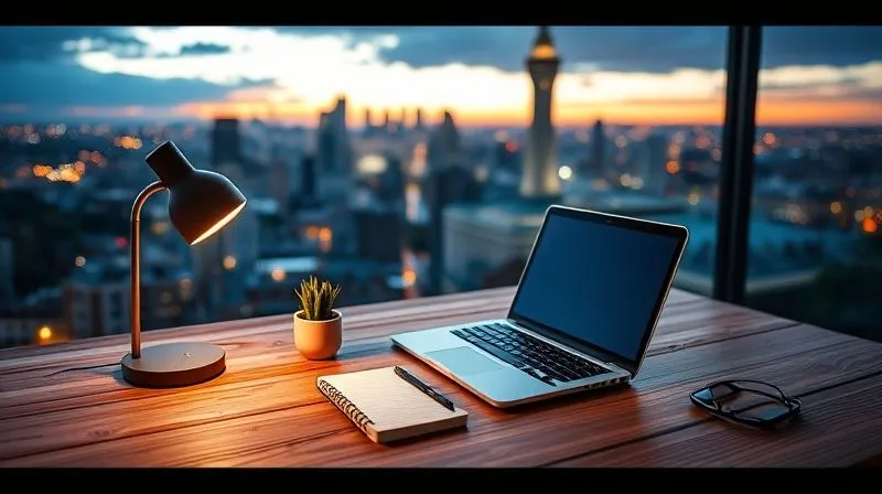 A photorealistic image of a minimalist digital nomad workspace set up on a rustic wooden table overlooking a vibrant city skyline at dusk. A sleek laptop is open, next to a small, organized notebook and a single plant. Soft, warm ambient lighting from a desk lamp complements the city lights. The scene exudes a sense of calm productivity and freedom. Cinematic lighting, sharp focus on the workspace, depth of field blurring the city, 8K hyper-detailed, professional photography, shot on a high-end DSLR.
