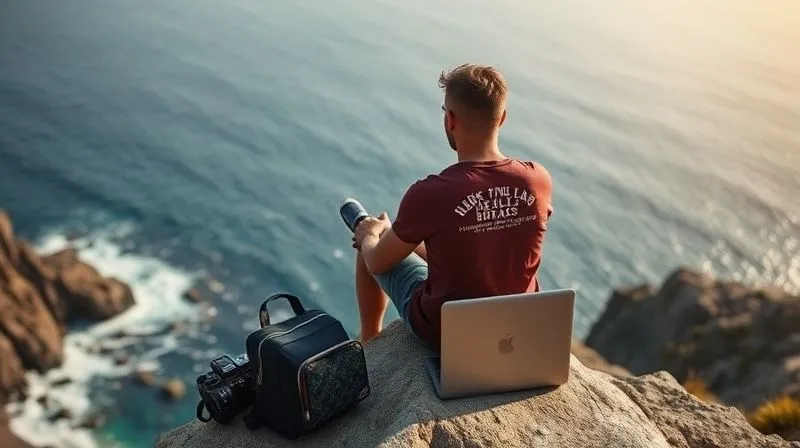 A photorealistic image of a digital nomad taking a mindful break. A person is sitting on a cliff edge, looking out at a stunning ocean vista, with a small backpack and a water bottle beside them. The laptop is closed and out of sight. The focus is on the serenity and the act of disconnecting, soaking in the natural beauty. Cinematic lighting, sharp focus on the person and the immediate surroundings, depth of field blurring the distant ocean, 8K hyper-detailed, professional photography, shot on a high-end DSLR.