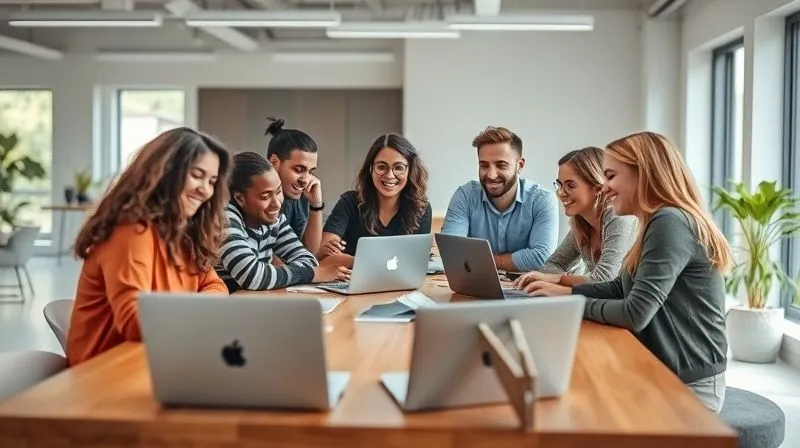 A photorealistic image of a diverse group of digital nomads, smiling and engaged in a lively discussion around a large, shared table in a modern coworking space. Laptops are open but the focus is on their interaction, suggesting collaboration and community. Natural light fills the spacious room. Cinematic lighting, sharp focus on the group, depth of field blurring the background elements, 8K hyper-detailed, professional photography, shot on a high-end DSLR.