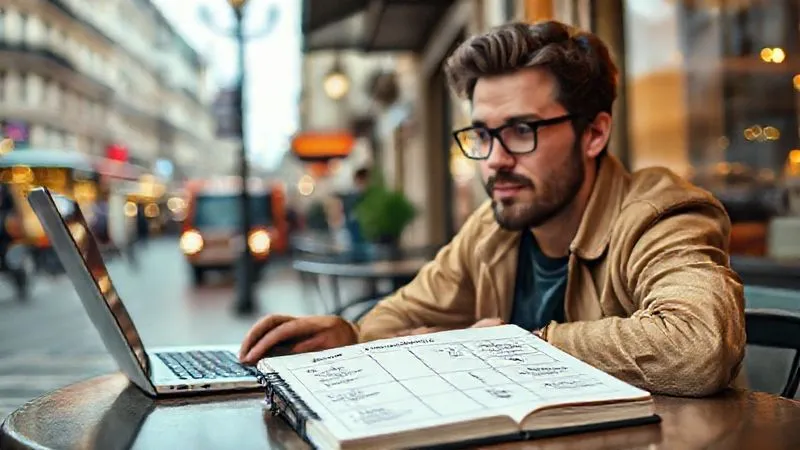 A photorealistic image of a digital nomad sitting at a cafe table, with a laptop open and a focused expression. On the table, there's a notebook with a hand-drawn Eisenhower Matrix, clearly visible, with tasks categorized. The background is a slightly blurred, vibrant street scene of a European city. Cinematic lighting, sharp focus on the nomad and the notebook, depth of field, 8K hyper-detailed, professional photography, shot on a high-end DSLR.