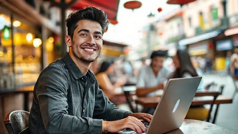A photorealistic image of a digital nomad, a young man, sitting at a vibrant outdoor cafe in a bustling market square in Southeast Asia. He is looking up from his laptop, smiling politely but firmly at a group of friends who are inviting him to an activity, indicating he's focused on work. Cinematic lighting, sharp focus on the nomad's face, depth of field blurring the friends and the background slightly, 8K hyper-detailed, professional photography, shot on a high-end DSLR.