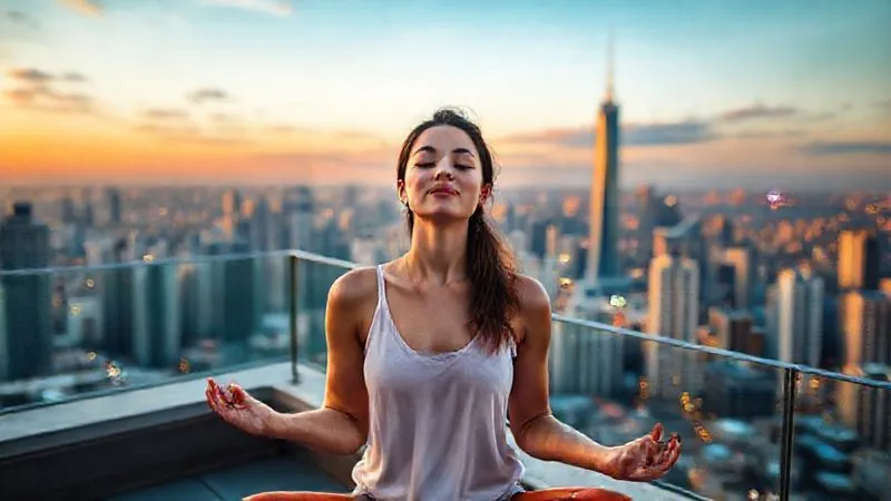 A photorealistic image of a digital nomad, a woman, meditating peacefully on a rooftop terrace overlooking a stunning, vibrant cityscape at sunrise. Her eyes are closed, hands resting gently, conveying a sense of calm and focus amidst a new, exciting environment. Cinematic lighting, soft morning glow, sharp focus on the woman, depth of field blurring the city below, 8K hyper-detailed, professional photography, shot on a high-end DSLR.