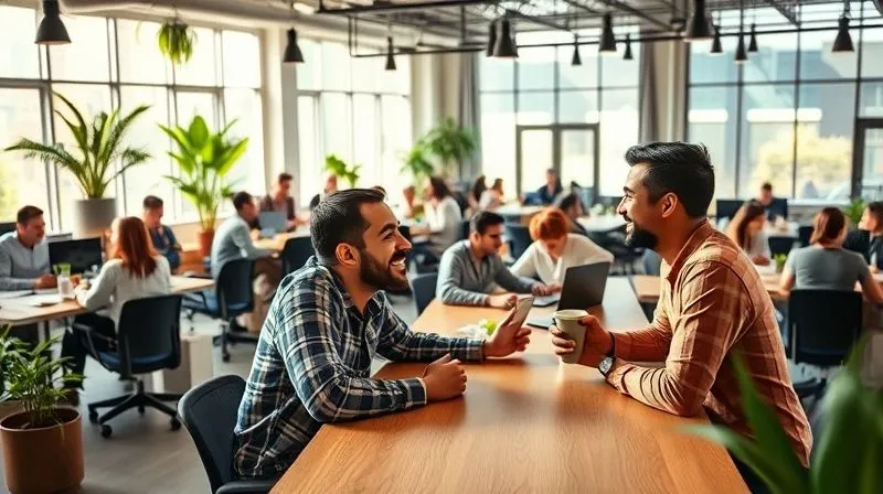 A vibrant and modern co-working space filled with diverse digital nomads, some collaborating around a large table, others working individually at ergonomic desks. Sunlight streams through large windows, highlighting plants and comfortable seating areas. In the foreground, two people are smiling and engaged in a friendly conversation over coffee. Photorealistic, professional photography, 8K, cinematic lighting, sharp focus on the interacting individuals, depth of field blurring the background, shot on a high-end DSLR. Emphasize energy, connection, and productivity.