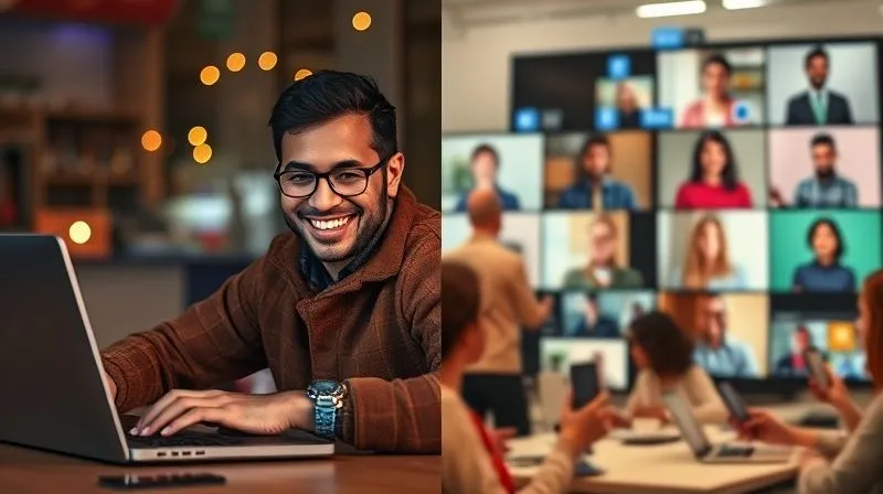 A split image: on one side, a digital nomad is video-calling friends or family on a laptop, smiling warmly. On the other side, a group of diverse people are actively participating in an online forum or video conference on their devices, with chat bubbles and connection lines visually representing their interaction. Photorealistic, professional photography, 8K, cinematic lighting, sharp focus on the screens and faces, depth of field blurring the background, shot on a high-end DSLR. Emphasize global connection and digital community.