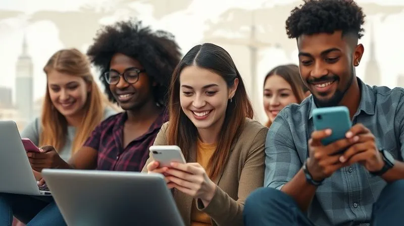 A group of diverse digital nomads, some on laptops, others on smartphones, video-calling and texting with friends from different parts of the world. The background shows iconic landmarks from various cities subtly blended, representing global connections. One person is smiling genuinely into their phone. Photorealistic, professional photography, 8K, cinematic lighting, sharp focus on the faces and screens, depth of field blurring the background, shot on a high-end DSLR. Emphasize global friendship and digital communication.