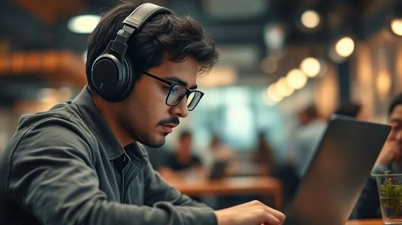 A photorealistic image of a digital nomad wearing high-quality noise-cancelling headphones, deeply focused on a laptop. The background is a bustling cafe or co-working space, but it's blurred and muted, emphasizing the nomad's personal bubble of concentration. Cinematic lighting, sharp focus on the nomad, depth of field, 8K, professional photography, shot on a high-end DSLR.