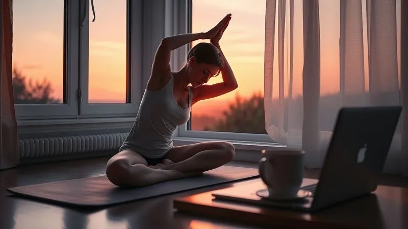A photorealistic image of a digital nomad performing a mindful morning ritual, perhaps stretching on a yoga mat with a sunrise view from a window, or sipping coffee while journaling, with a laptop closed nearby. The atmosphere is serene and focused. Cinematic lighting, sharp focus on the nomad, depth of field, 8K, professional photography, shot on a high-end DSLR.