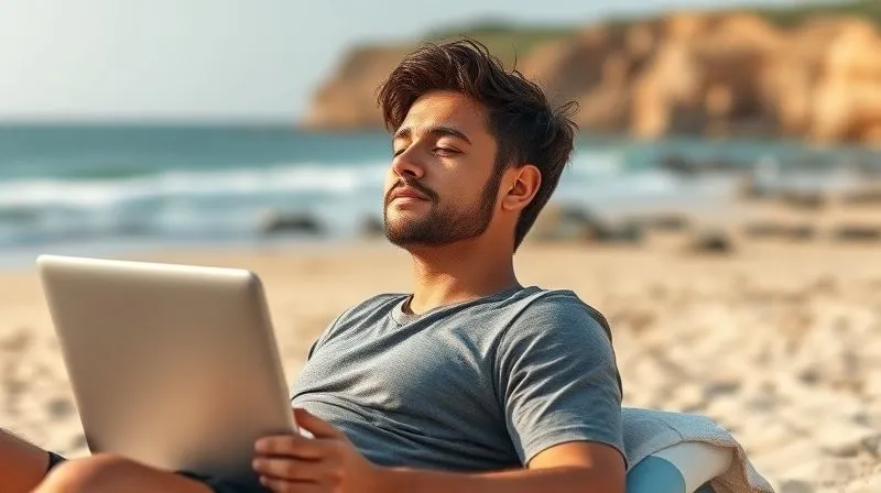A photorealistic image of a digital nomad relaxing on a beach or by a scenic viewpoint, completely disconnected from devices, looking peaceful and refreshed. The laptop is visibly put away or absent. Cinematic lighting, sharp focus on the relaxed individual, depth of field, 8K, professional photography, shot on a high-end DSLR, conveying a sense of freedom and rejuvenation.