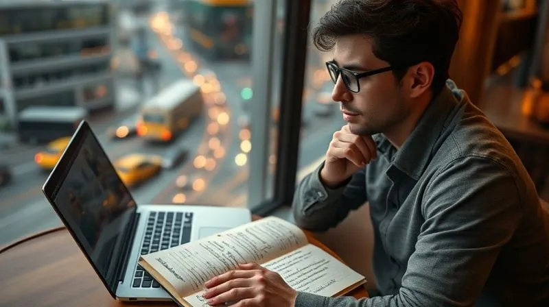 A photorealistic image of a digital nomad with a thoughtful expression, sitting at a laptop in a cafe overlooking a bustling city, a notebook open beside them with handwritten notes and language phrases. The scene is bathed in warm, soft light, highlighting their focus and dedication. Sharp focus on the notebook and laptop, depth of field blurring the city background, 8K hyper-detailed, professional photography, shot on a high-end DSLR.