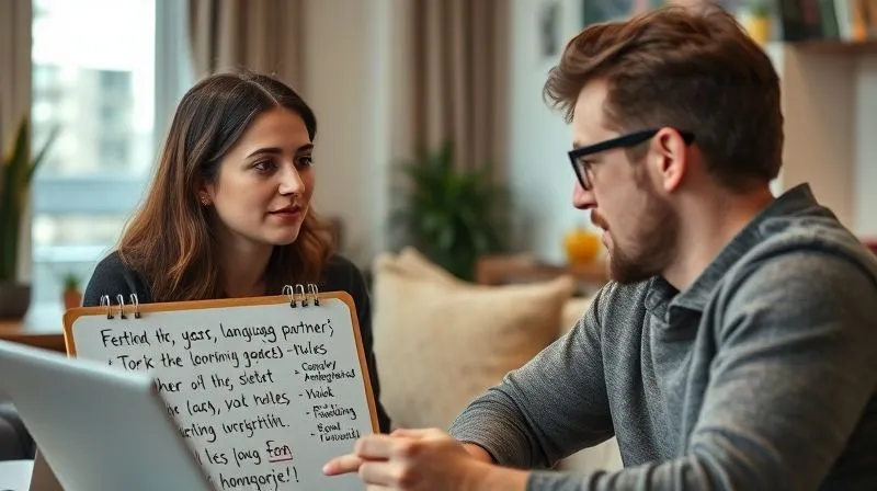 A photorealistic image of a digital nomad intently listening to a language partner on a video call, a small whiteboard beside them filled with handwritten notes, vocabulary, and grammar rules. The background is a cozy, well-lit apartment in a foreign city. Cinematic lighting, sharp focus on the nomad's expressive face, depth of field blurring the background, 8K hyper-detailed, professional photography, shot on a high-end DSLR.