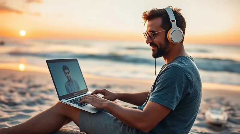 A photorealistic image of a digital nomad sitting on a beach with a laptop, wearing headphones, engaged in a language exchange call. The sun is setting, casting a warm glow. The nomad has a relaxed but focused expression. Sharp focus on the laptop screen showing a video call, depth of field blurring the ocean waves, 8K hyper-detailed, professional photography, shot on a high-end DSLR.