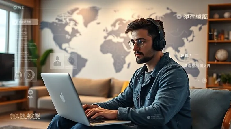 A photorealistic image of a digital nomad at a laptop, wearing headphones, surrounded by a subtle digital overlay of foreign language text, news feeds, and podcast icons. The background is a modern apartment with a map of the world on the wall, symbolizing global connectivity. Cinematic lighting, sharp focus on the nomad's engaged expression, depth of field blurring the background, 8K hyper-detailed, professional photography, shot on a high-end DSLR.