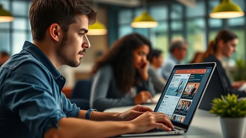 Photorealistic image of a person studying on a laptop in a vibrant co-working space, surrounded by diverse individuals, cinematic lighting, sharp focus on the laptop screen showing an e-learning platform, depth of field blurring the background, 8K hyper-detailed.