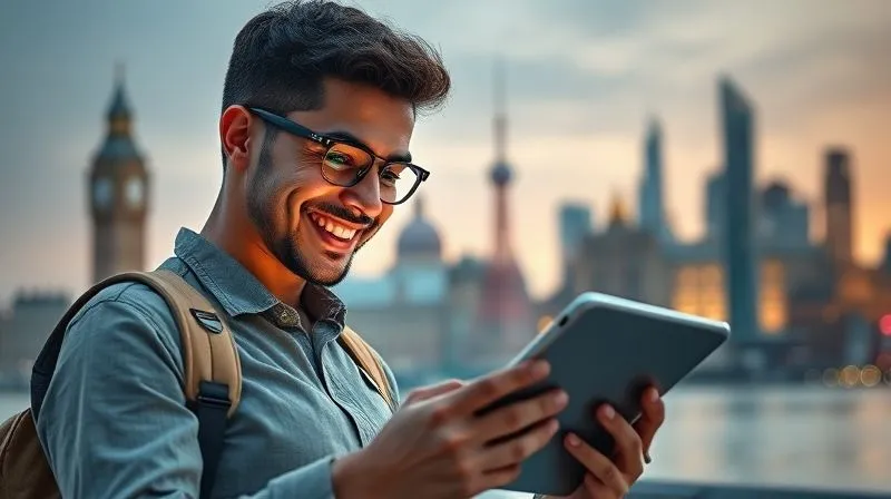 A photorealistic image of a digital nomad actively engaging with a vibrant online community on a tablet, with a backdrop of iconic global landmarks subtly blurred. The nomad is smiling, demonstrating connection and professional networking. Cinematic lighting, sharp focus on the tablet and the nomad's face, depth of field blurring the background, 8K hyper-detailed.