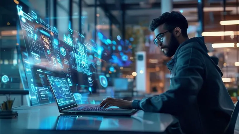 A photorealistic image of a digital nomad working on a laptop, with subtle holographic projections of data visualizations and AI interfaces extending from the screen. The nomad has a look of focused empowerment, suggesting synergy with technology. Cinematic lighting, sharp focus on the interaction, depth of field blurring a background of a modern co-working space. Professional photography, 8K hyper-detailed.