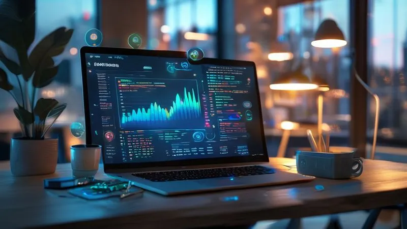 A photorealistic image of a digital nomad's organized workspace, with a laptop displaying a clean dashboard showing financial metrics and automated task lists. Subtle holographic icons representing financial management, scheduling, and document organization float above the desk, illuminated by soft, cinematic lighting. Sharp focus on the organized tools, depth of field blurring a background of a modern apartment. Professional photography, 8K hyper-detailed.