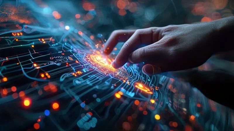 A photorealistic image depicting a complex, interconnected network of glowing data lines and abstract AI symbols, overlaid with a human hand carefully adjusting a single node. The overall mood is one of thoughtful control and responsibility amidst technological power. Cinematic lighting, sharp focus on the hand and data, depth of field blurring the background. Professional photography, 8K hyper-detailed.