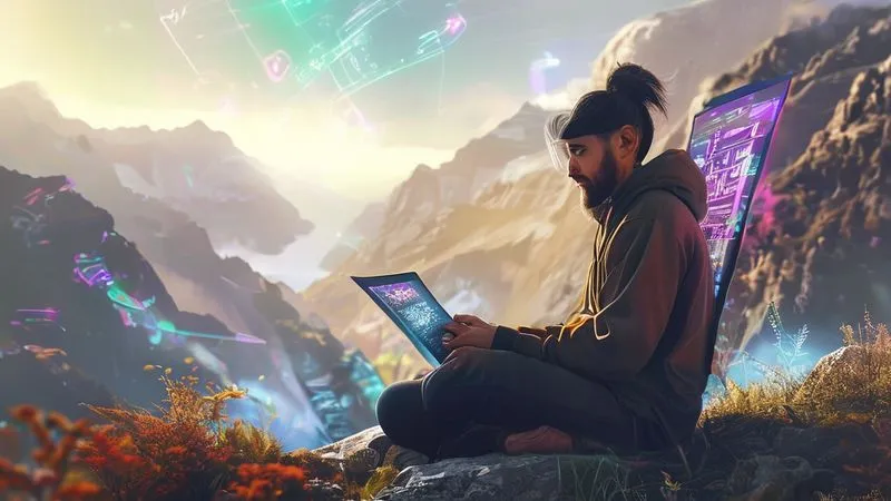 A photorealistic image of a futuristic digital nomad sitting comfortably in a vibrant, natural setting (e.g., a serene mountain view), working on an ultra-thin, transparent tablet. Holographic interfaces with complex data visualizations and creative design elements float around them, suggesting seamless integration of AI. The nomad looks relaxed and inspired. Cinematic lighting, bright and optimistic, sharp focus, depth of field. Professional photography, 8K hyper-detailed.