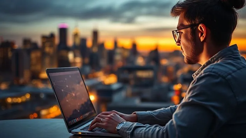 A photorealistic, professional photography, 8K, cinematic lighting, sharp focus, depth of field, shot on a high-end DSLR, showing a digital nomad looking thoughtfully at a laptop screen, surrounded by blurred cityscapes and natural landscapes, symbolizing the geographic isolation and the search for connection. The screen shows faint outlines of interconnected nodes, representing a network.