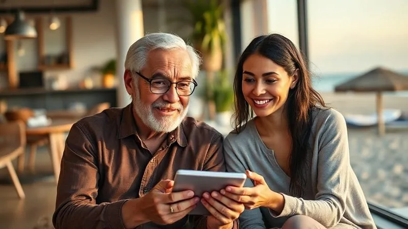 A photorealistic, professional photography, 8K, cinematic lighting, sharp focus, depth of field, shot on a high-end DSLR, depicting two individuals, one older and one younger, engaged in a focused video call. The older individual (mentor) has a wise, encouraging expression, while the younger (mentee) is actively taking notes, surrounded by a subtle aura of digital connection and shared knowledge. The background is a blend of modern co-working space and a serene beach, symbolizing the nomadic lifestyle.