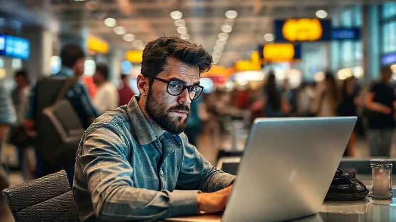 A photorealistic image of a digital nomad looking overwhelmed at a laptop in a chaotic, dynamic environment (e.g., a busy airport lounge or a bustling market cafe), cinematic lighting, sharp focus on the stressed expression, depth of field, 8K hyper-detailed, professional photography.