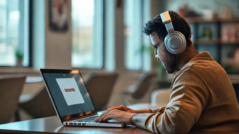 A photorealistic image of a digital nomad with noise-canceling headphones on, intensely focused on a laptop screen, with a 'do not disturb' sign subtly visible, in a serene, organized corner of a vibrant co-working space, cinematic lighting, sharp focus on the concentration, depth of field, 8K hyper-detailed, professional photography.