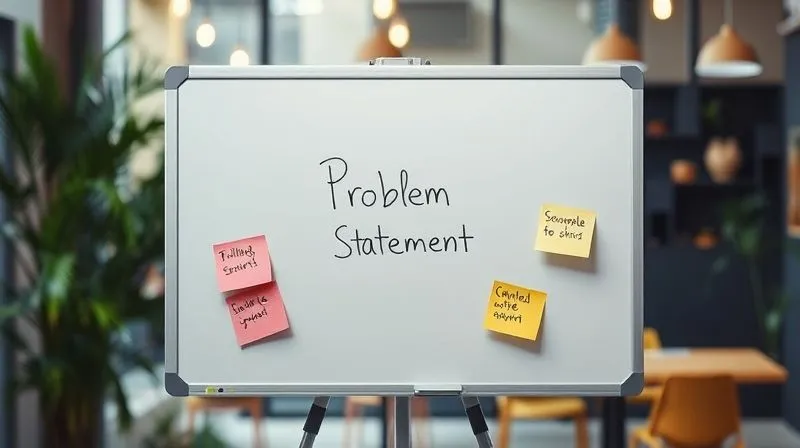A photorealistic image of a minimalist whiteboard with a single, clear problem statement written in the center, surrounded by sticky notes with simple, actionable solutions. The background is a blurred, vibrant co-working space in a tropical location, cinematic lighting highlighting the whiteboard, sharp focus, depth of field, 8K hyper-detailed.