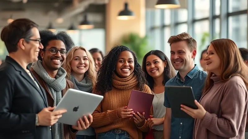 A photorealistic image of a diverse group of digital nomads from different backgrounds, smiling and interacting positively in a vibrant co-working space, some holding laptops, others engaged in conversation. The scene conveys a strong sense of community, collaboration, and shared purpose, with warm, inviting cinematic lighting, sharp focus on their faces, depth of field, 8K hyper-detailed.