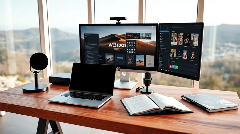 A photorealistic image of a sleek, modern workstation setup on a sturdy wooden desk in a bright, airy room with large windows overlooking a scenic landscape. The desk features a high-end laptop, a minimalist monitor, a professional microphone, and a notebook with neatly written ideas. Various digital tools are subtly represented on the screens. The scene exudes productivity, organization, and the freedom of remote work, with soft, natural cinematic lighting, sharp focus, depth of field, 8K hyper-detailed.