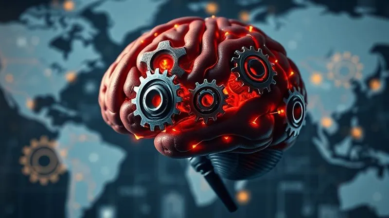 A photorealistic image of a human brain with interconnected gears and glowing neural pathways, symbolizing strategic thinking and a mindset shift towards scale, set against a blurred map of the world. Professional photography, 8K, cinematic lighting, sharp focus on the brain, depth of field.