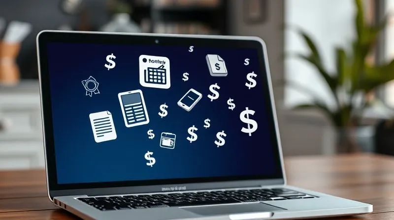 A photorealistic image of multiple digital products (e-book, online course icon, template graphic) floating above a laptop screen, with a steady stream of currency symbols flowing into the laptop. Professional photography, 8K, cinematic lighting, sharp focus on the digital products, depth of field.
