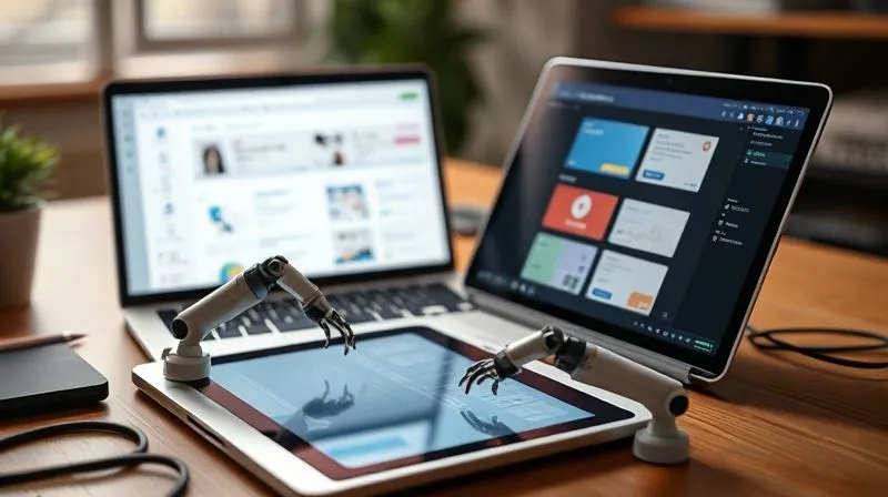 A photorealistic image of a digital nomad's workspace with a laptop, a tablet showing project management software, and several small robotic arms symbolically handling different tasks like answering emails, scheduling, and data entry. Cinematic lighting, sharp focus, depth of field.