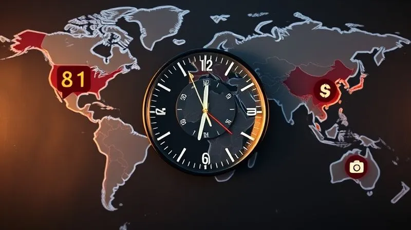 A photorealistic image of a stylized world map overlaid with a transparent clock face and various productivity app icons (like a calendar, to-do list, and communication app). The map has different time zones highlighted. Cinematic lighting, sharp focus, depth of field.