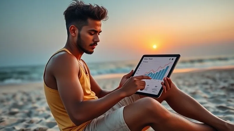 A photorealistic image of a digital nomad sitting on a beach, working on a tablet with a learning app interface, showing a graph of skill progression and income growth. The sun is setting, casting a warm, cinematic light. Sharp focus on the tablet and the nomad's thoughtful expression. 8K hyper-detailed, professional photography, shot on a high-end DSLR.