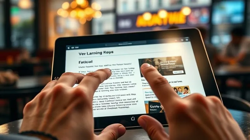 A photorealistic close-up of a hand highlighting a specific section on a tablet screen displaying a learning app interface, with a blurred background of a bustling cafe in a foreign city. The lighting is soft and inviting, emphasizing focus and adaptability. 8K hyper-detailed, professional photography, shot on a high-end DSLR.
