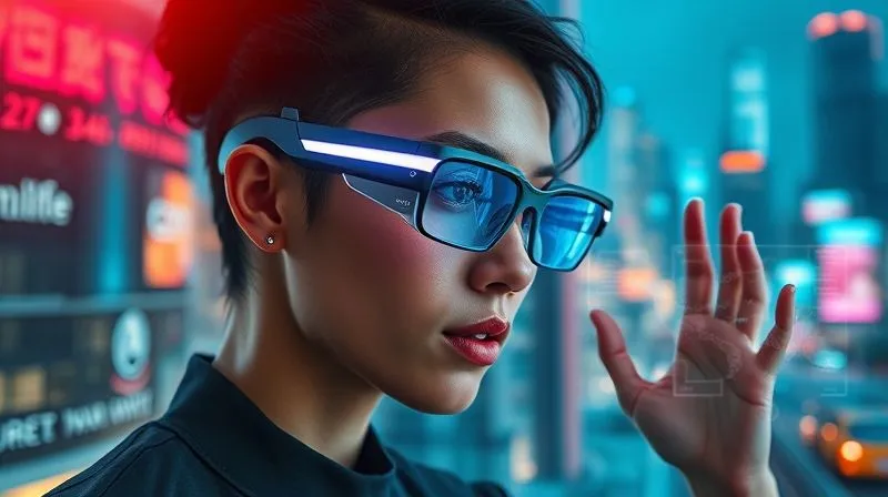 A photorealistic futuristic scene of a digital nomad wearing sleek augmented reality glasses, interacting with holographic learning interfaces that display data and creative projects, set against a backdrop of a vibrant, interconnected global city. Cinematic lighting, sharp focus on the AR interaction. 8K hyper-detailed, professional photography, shot on a high-end DSLR.