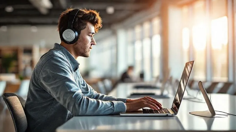 A photorealistic image of a digital nomad sitting at a clean, minimalist desk in a bright, modern coworking space, wearing noise-canceling headphones and deeply focused on a laptop. A blurred background shows sunlight streaming through large windows and subtle hints of other professionals working quietly. Professional photography, 8K, cinematic lighting, sharp focus on the nomad's face and screen, depth of field. The scene evokes calm and intense concentration.