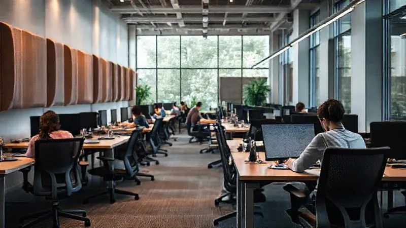 A photorealistic interior shot of a modern coworking space designed for focus. Features include ergonomic chairs, large individual desks, sound-absorbing panels on walls, and abundant natural light. People are seen working quietly and intently. Professional photography, 8K, cinematic lighting, sharp focus on the workspace, depth of field. The atmosphere is calm and conducive to deep work.