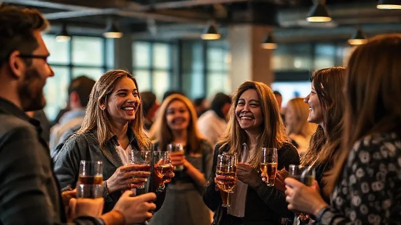 A photorealistic shot of a vibrant coworking space during a networking event. People are seen laughing and chatting, holding drinks, with a professional yet relaxed atmosphere. Soft, warm cinematic lighting, sharp focus on a group of smiling professionals, depth of field blurring the background. Professional photography, 8K, shot on a high-end DSLR. The image conveys connection and community.