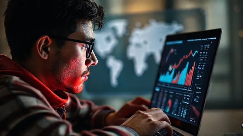 Photorealistic image of a digital nomad looking at a laptop screen, displaying charts and graphs related to market demand for remote skills, with a world map subtly in the background. The person looks thoughtful and analytical. Cinematic lighting, sharp focus on the screen and face, depth of field blurring the background. 8K hyper-detailed, professional photography, shot on a high-end DSLR.